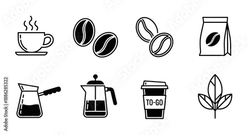 A collection of minimalist line art icons representing coffee, including a steaming cup, coffee beans, a French press, a to-go cup, and coffee leaves