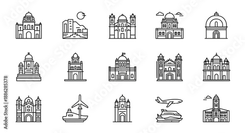 Collection of minimalist outline icons featuring famous global architectural landmarks, historical buildings, diverse travel destinations, and essential transport symbols for digital projects