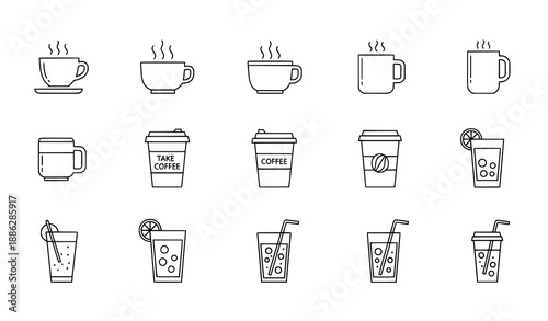 Minimal hot and cold drinks outline icon set for tea, coffee, and juice UI design