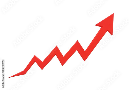 A red jagged arrow pointing upwards, symbolizing growth, success, and positive trends in finance or business, isolated on transparent background