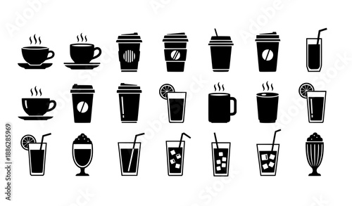 Hot and cold drinks silhouette icon collection with tea, coffee, and juice symbols vector