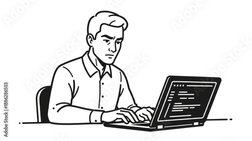 Man Working on Laptop Computer Typing Code.