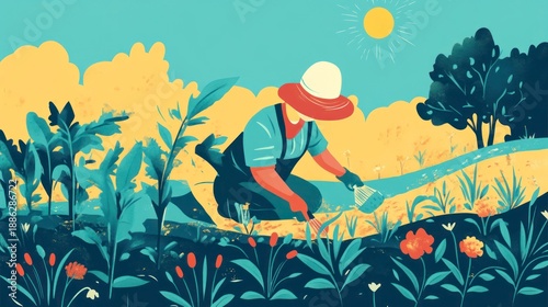 Farmer Tending to Garden with Care.