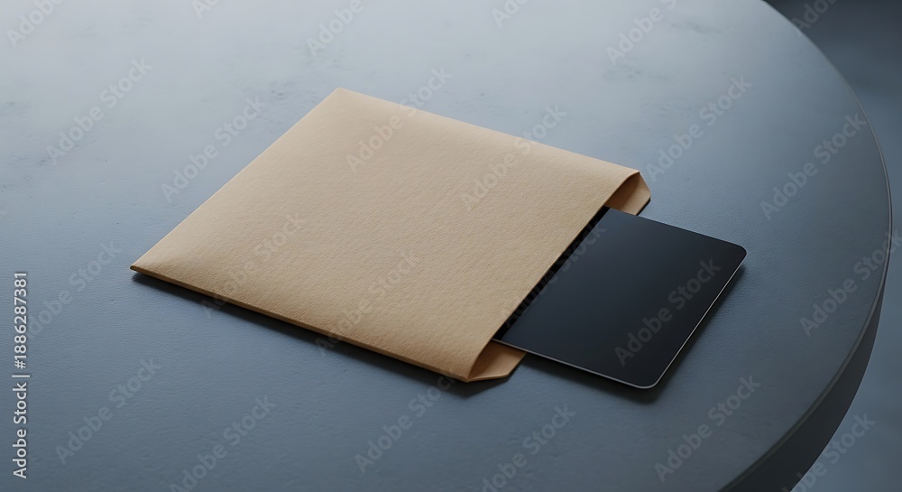 Fototapeta premium Minimalist Black Wallet Inside a Light Brown Paper Envelope on a Gray Surface.