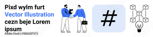 Two professionals shaking hands. Includes a hashed symbol, blockchain node structure, and light bulb. Ideal for business, teamwork, networking, innovation, technology collaboration simple landing