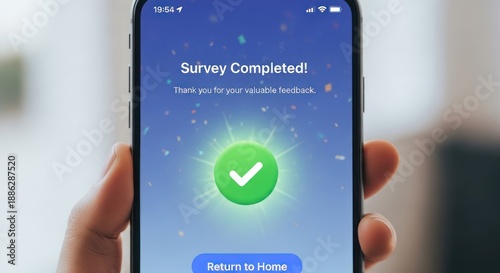 A smartphone displaying a survey completion screen with a green checkmark and a 'Return to Home' button.