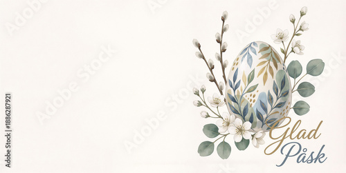 Glad Påsk – Swedish Easter greeting card with watercolor egg, floral decor and soft pastel tones on light background with copy space