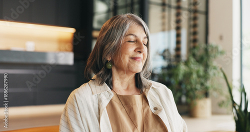 Photos Happy woman, relax and peace in home with meditation, spiritual awareness or stress relief for wellness
