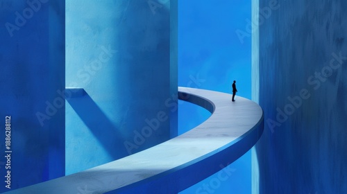 Wallpaper Mural Surreal Pathway in Abstract Blue Environment with Solitary Figure on Curved Walkway Torontodigital.ca