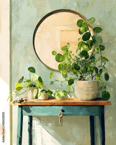 Round Mirror and Houseplants in Modern Home Decor