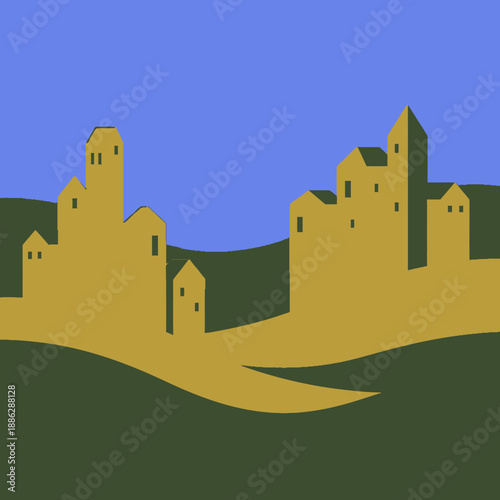 Modern Flat Design Landscape: Vibrant Geometric Town on Hills with Abstract Purple Mountains