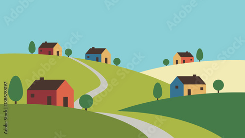 Minimalist Countryside Landscape Vector. Colorful Geometric Houses and Trees on Green Rolling Hills with Winding Paths.