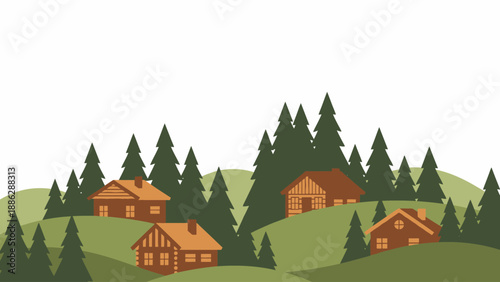 Wooden Log Cabins in Pine Forest Illustration. Vector Border Banner of Mountain Huts on Green Hills. Isolated Nature and Wilderness Retreat Landscape.