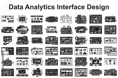 Collection of data analytics interface designs isolated on white background