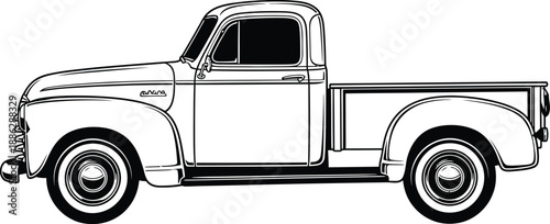 Black and white line art of a classic pickup truck Side view of a vintage vehicle with rounded fenders and whitewall tires.