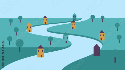 Geometric Vector Village Landscape with Colorful Houses, Winding River, and Trees