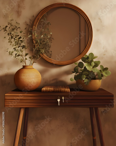 Rustic Console Table Decor with Mirror and Plants