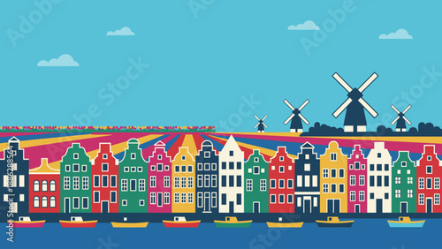 Colorful Dutch Cityscape Illustration with Canal Houses, Tulip Fields, and Windmills in Flat Design Style
