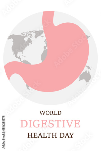 Pink stomach illustration with globe, promoting global awareness, World Digestive Health Day campaign. EPS 10