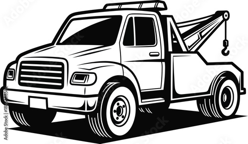 Bold black and white illustration of a heavyduty wrecker tow truck with a crane and hook.