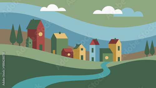 Colorful Flat Design Village Landscape. Geometric Houses, Green Rolling Hills, and Winding River in Minimalist Paper Cutout Style.