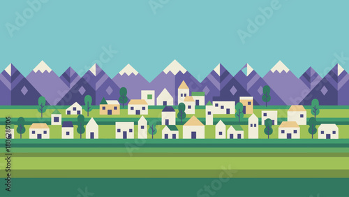 Geometric Village Landscape Panorama. Abstract Townscape with Flat Design Houses, Green Fields, and Stylized Purple Mountains.