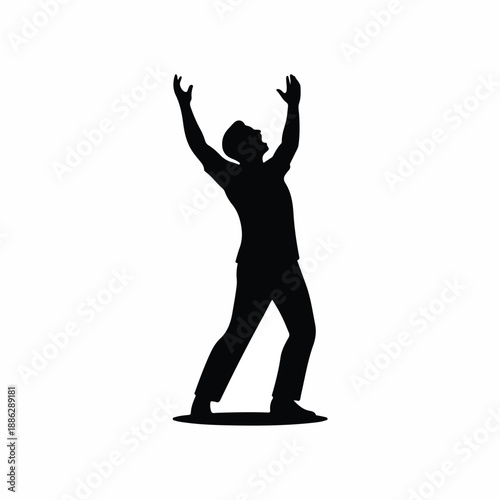 Man dancing with arms raised in joy, silhouette against a simple background, vector illustration, full body, dynamic pose