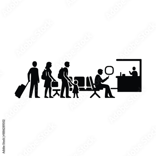 Family with Luggage Checking in at Airport Counter from Side View