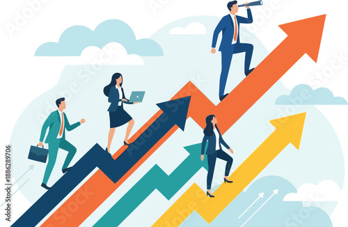 Navigating Success: A visual representation of a team's journey towards growth, illustrated by individuals ascending vibrant upward arrows, symbolizing progress, innovation, and leadership.