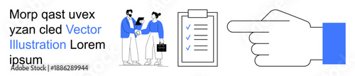 Business collaboration, productivity planning, teamwork communication, project prioritization, goal setting, task management. Two people in discussion, clipboard with checklist, pointing hand