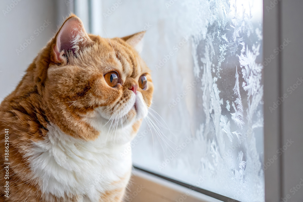 Obraz premium 窓に広がる氷の結晶を見つめ、冬の静寂の中で佇むエキゾチックショートヘア / An Exotic Shorthair Cat Gazing at Ice Crystals on a Frosty Window in the Quiet of Winter