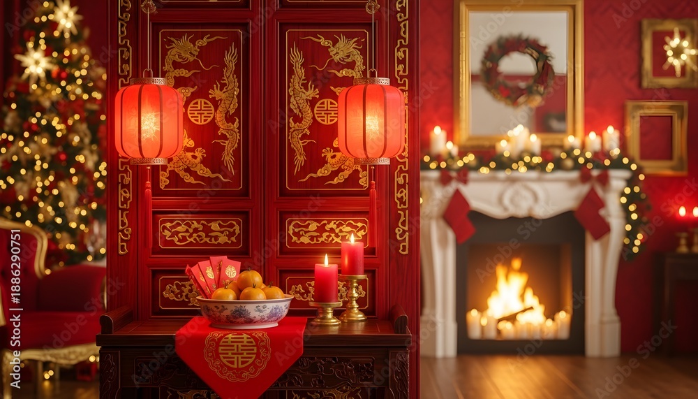 Fototapeta premium Festive Christmas and Chinese New Year Fusion Decor.