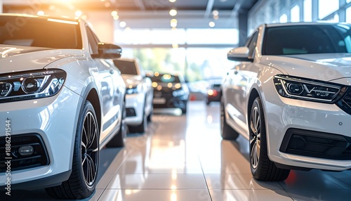 Modern car dealer showroom sunlight highlights sleek vehicles, clean spaces, and a welcoming atmosphere perfect for choosing your next automobile or business fleet.