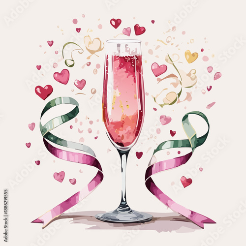 Valentines Champagne Flute Watercolor Vector Illustration – Romantic Single Glass Celebration Design