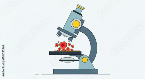 Gray microscope with red blood cells on slide in lab setting