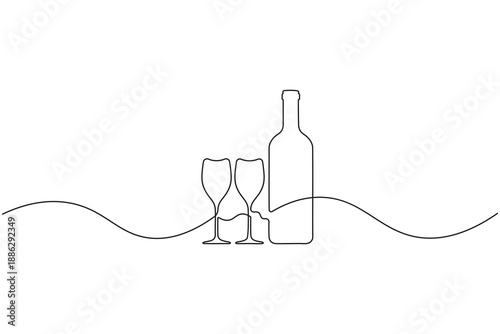 Continuous line art of a wine bottle and glasses on white background
