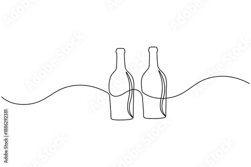 Minimalist one line drawing of a bottle and two wine glasses
