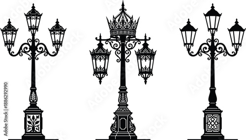 Collection of three ornate vintage street lamp post black silhouettes isolated on white background, classic victorian lantern vector illustration for architectural urban design projects