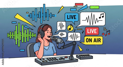 Female radio host broadcasting live on air with headphones