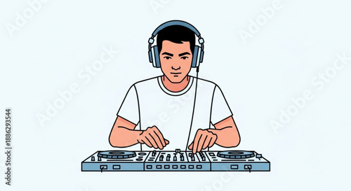 Dj mixing music on controller with headphones on