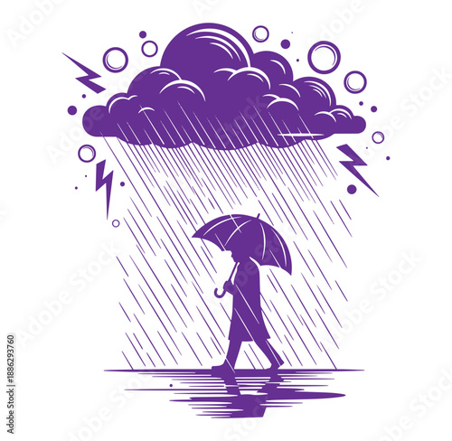 person walking under rainy cloud with umbrella on white background