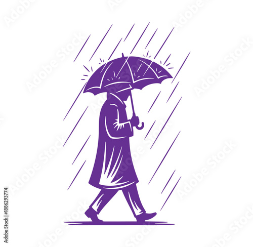 person walking with umbrella in rain shower on white background