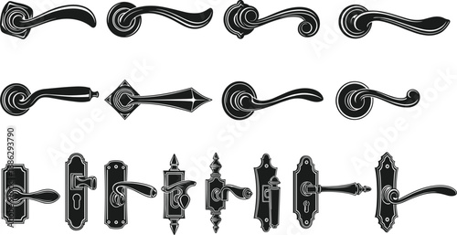 Collection of vintage black door handle and knob silhouettes isolated on white background, suitable for home interior design and architectural vector illustration projects.
