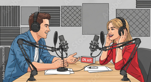 Two podcasters recording an episode in a studio with microphones