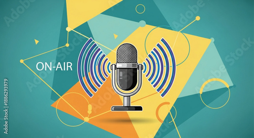 Microphone on air sign with sound waves on colorful geometric