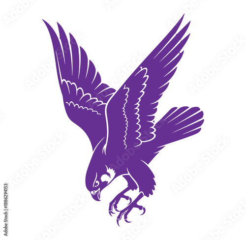 Purple eagle flying with outstretched wings and sharp talons extended downwards towards ground