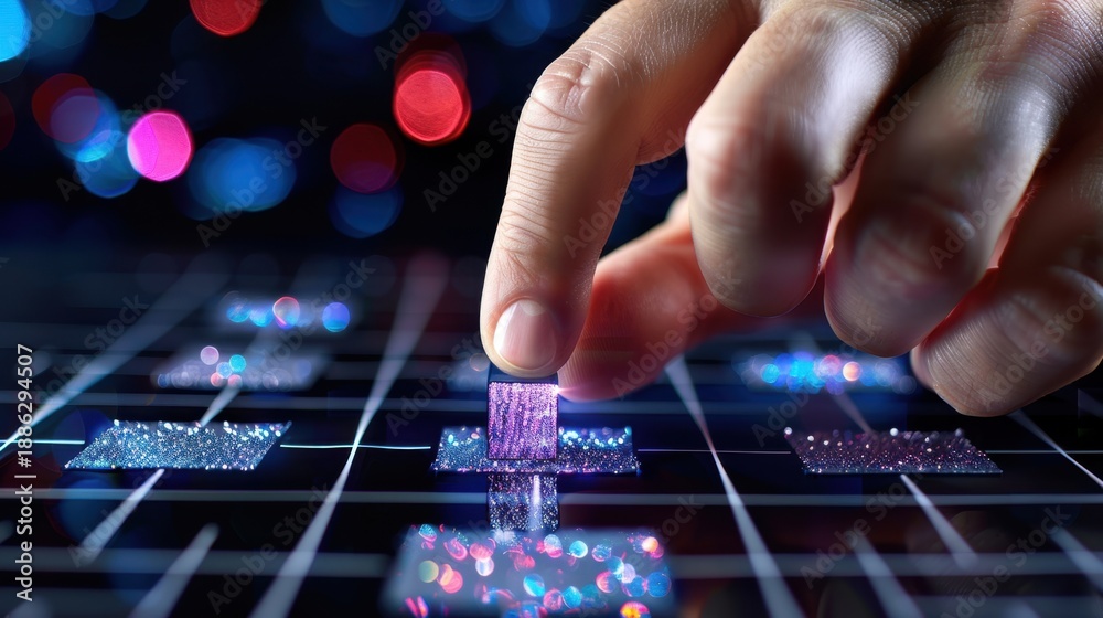 Fototapeta premium Close-up of Hand Selecting Digital Block on Interactive Technology Interface with Glowing Bokeh Background