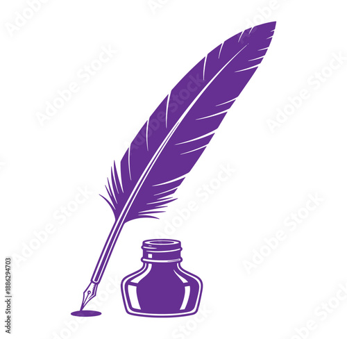 Purple feather quill pen and inkwell on white background