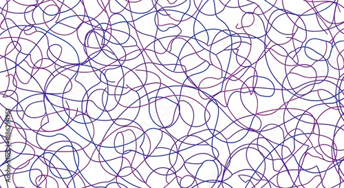 An abstract, chaotic tangle of thin, overlapping lines in purple and red against a white background, creating a sense of intricate, organic movement