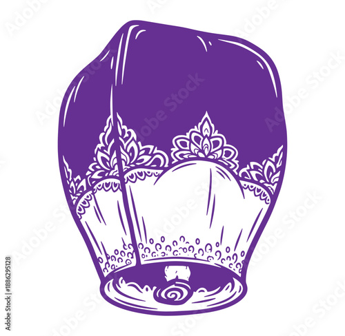 Purple headscarf with white lace details and floral patterns on transparent background